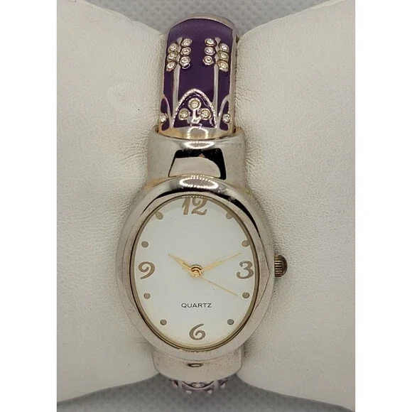 Women's Classic Oval Silver Tone White Dial Purple Cuff Bracelet Watch 01 - Picture 4 of 8